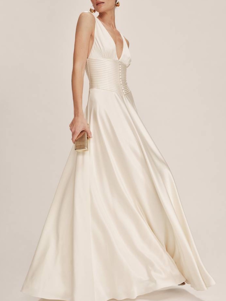 Reformation Ivory Satin V-Neck Bridal Gown